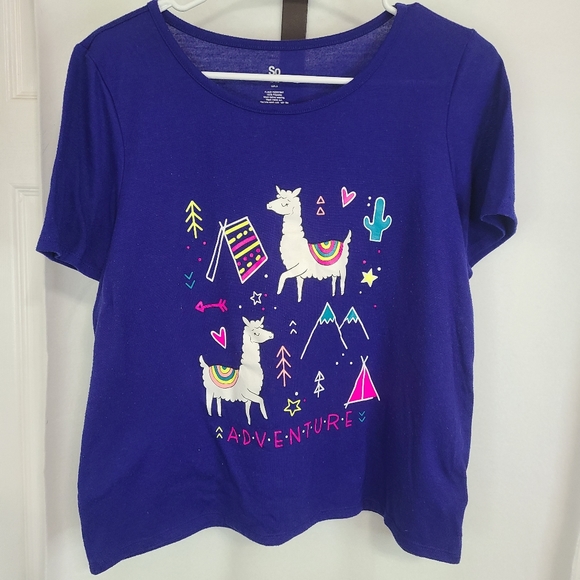 (1428) So Girls Short Sleeve Lama Motif T-Shirt, Size: 18 1/2 Color: Blue - Picture 5 of 15